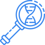 An icon of a DNA strand being magnified by a magnifying glass.